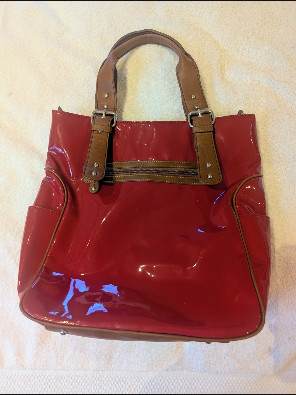 Bandolino Cherry Red/Wine Patent Tote Bag Office Siren Shoulder Bag Brown Trim